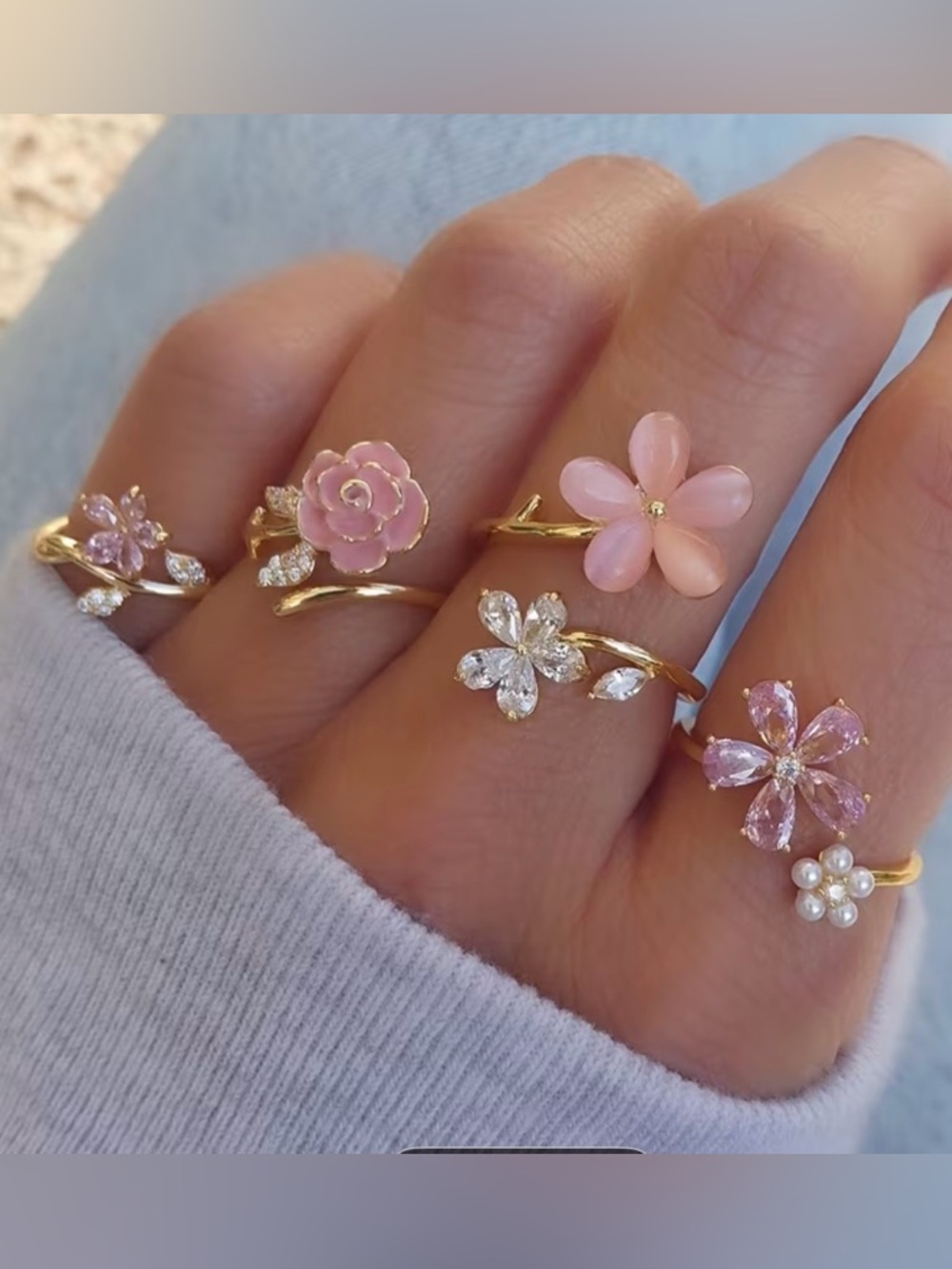 Fashion Jewelry Gold Tone Rhinestone Pink Floral Adjustable Ring 4 pcs set